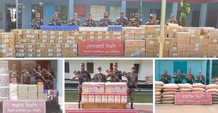 সিলেটে বিজিবির অভিযানে ১ কোটি ৬৫ লাখ টাকার চোরাই পণ্য আটক
